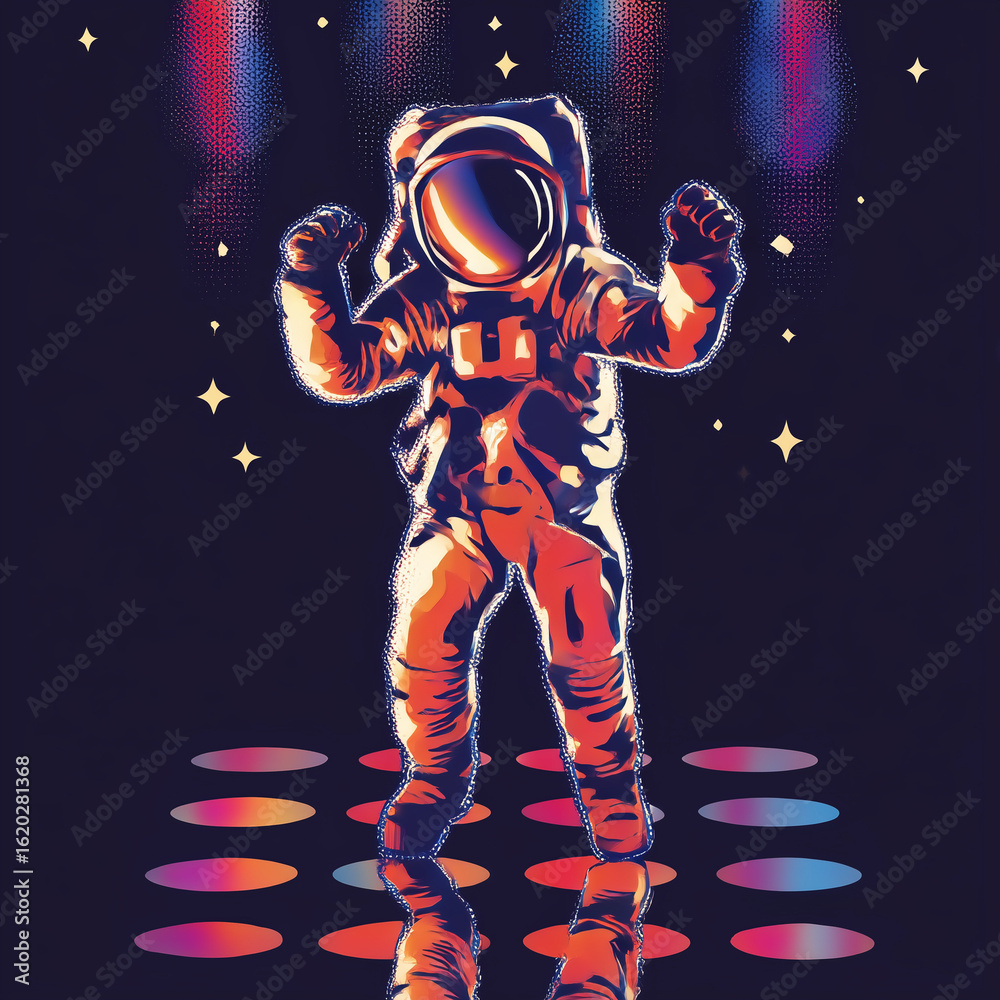 Fototapeta premium Colorful dancing astronauts in space – retro-futuristic neon art with cosmic vibes. Perfect for t-shirts, posters, stickers, and digital projects. Fun, energetic, and unique space illustration.