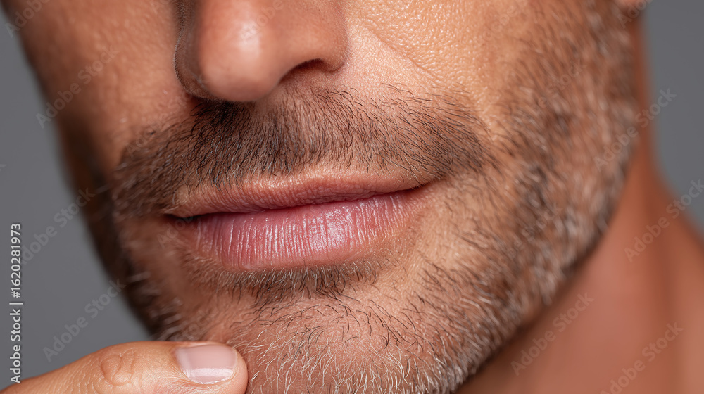 Close up of man lower face showing detailed skin texture, natural lip color, and short beard stubble with smooth complexion and healthy lips Close up of man lower face showing detailed skin texture, natural lip color, and short beard stubble with smooth complexion and healthy lips