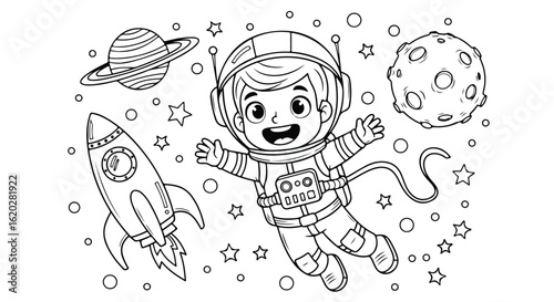 Cute cartoon astronaut floating in space with rocket and planets, coloring page for kids printable illustration coloring page for kids