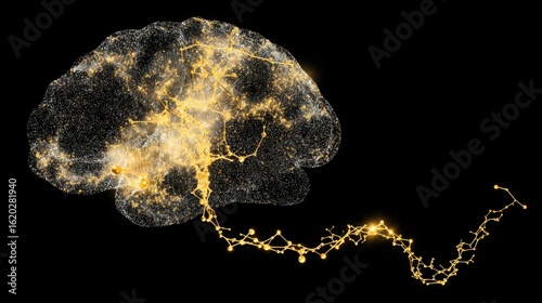 A golden molecular structure of spermidine floating above a brain-shaped nebula, glowing with energy.