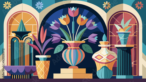 Vector art of stylized still life arrangement with a central vase of tulips and various potted plants, displayed within an arched architectural setting with colorful geometric motifs