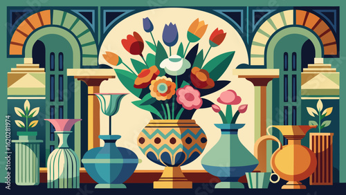 Vector art of an artistic still life showcasing a central floral arrangement in a patterned vase, flanked by decorative vases and potted plants, within a geometrically designed architectural space