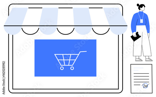 Shopping cart on screen under awning, professional woman with clipboard, and document. Ideal for e-commerce, retail management, online business, entrepreneurship, sales growth, market strategy