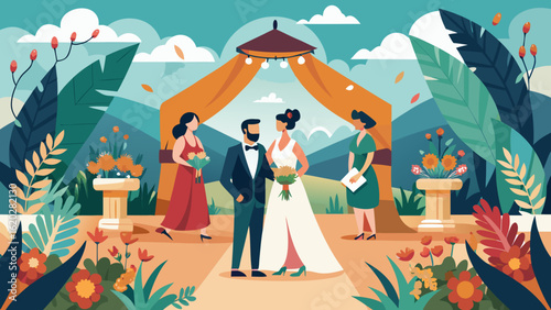 Vector art of wedding ceremony with a bride and groom at the altar, surrounded by floral decorations and guests, set against a scenic mountain landscape