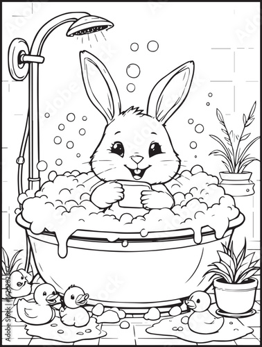 Printable animal-themed coloring page for kids and adults: Rabbit taking a shower