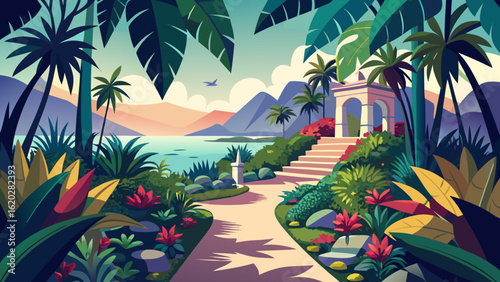 Vector art of vibrant tropical paradise with lush gardens, palm trees, and a gazebo overlooking the ocean, leading to a scenic pathway with steps