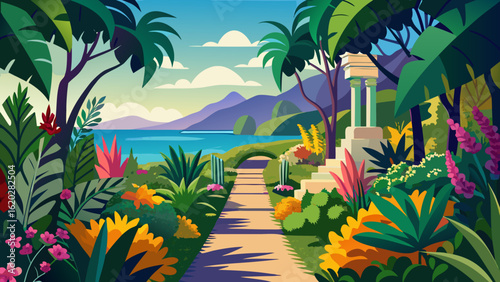 Vector art of lush tropical garden pathway leading to a serene gazebo by the sea, surrounded by vibrant flora and palm trees under a clear sky