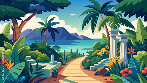 Vector art of a picturesque tropical paradise with a winding path leading through lush greenery and palm trees towards a serene blue ocean and distant mountains under a cloudy sky