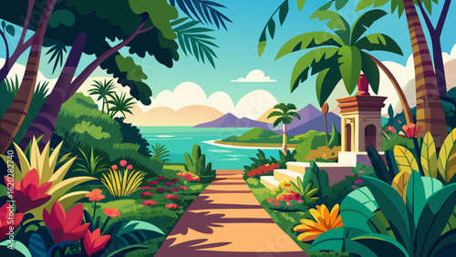 Vector art of beautiful tropical landscape with a sunlit pathway winding through vibrant flora and palm trees, leading to a tranquil sea and distant mountains