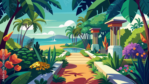 Vector art of idyllic tropical island scene featuring a paved walkway through lush gardens, palm trees, and exotic flowers towards a serene blue ocean