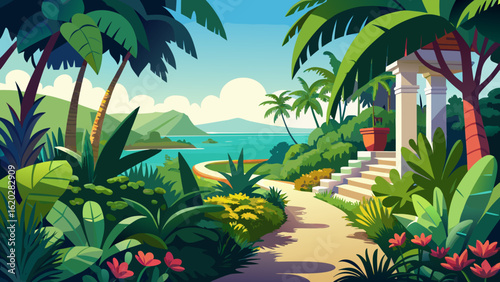 Vector art of vibrant tropical paradise with lush foliage, a scenic pathway leading to the ocean, and a clear blue sky with fluffy clouds
