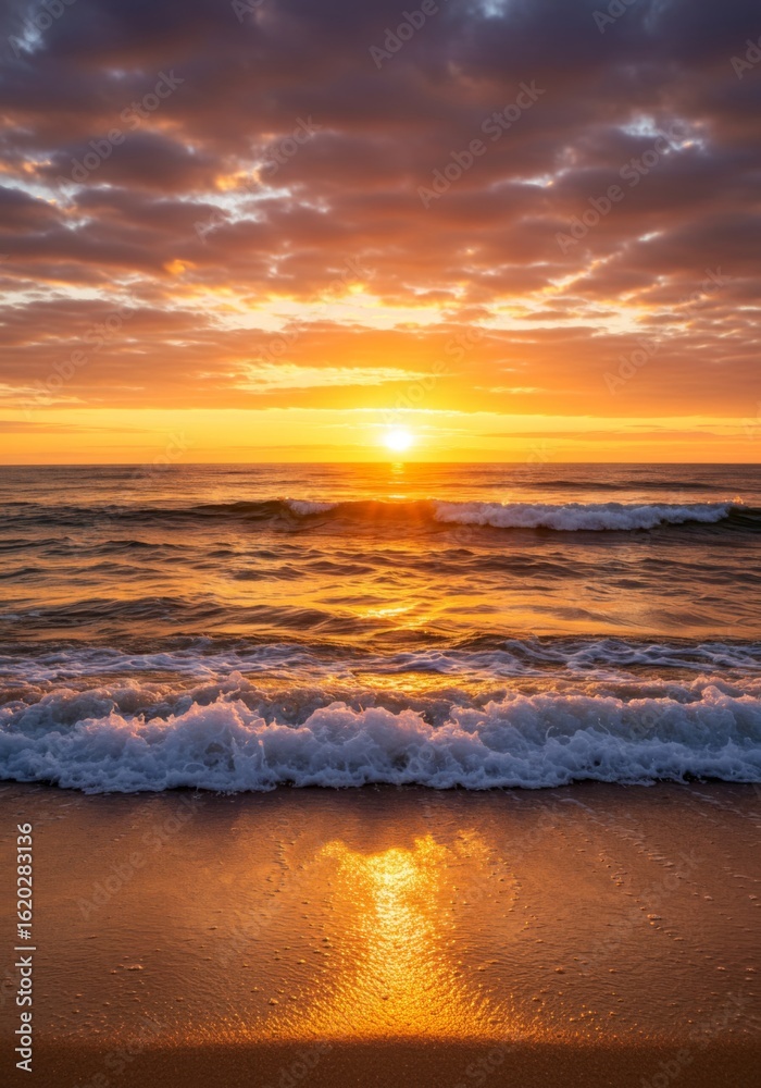 Fototapeta premium Vibrant Ocean Sunset with Golden Sand Beach