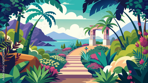 Vector art of lush tropical garden path with steps leading to a scenic ocean view with mountains and a gazebo