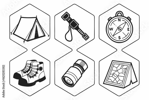 Camping and Hiking Gear Icons Collection.