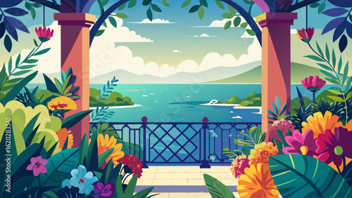Vector art of stunning view of a tropical seascape from a balcony framed by colorful flowers and lush greenery, under a bright sky