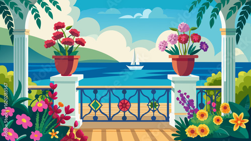 Vector art of a picturesque scene from a balcony with potted flowers and an archway, offering a view of the blue sea with a sailboat and distant mountains under a cloudy sky