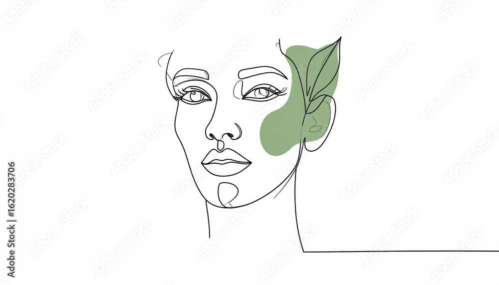Obraz premium Minimalist Line Art Female Face with Leaf, Green Concept Illustration