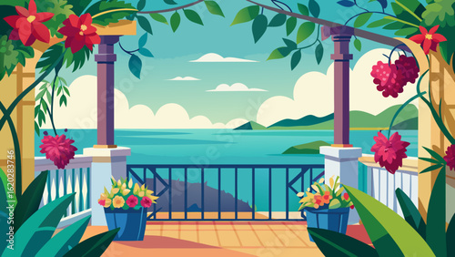 Vector art of charming balcony with abundant flowering plants and greenery, providing a beautiful vista of the expansive sea and rolling hills under a partly cloudy sky