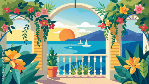 Vector art of an artistic depiction of a balcony with blooming flowers and plants, framing a view of the sea at sunset with sailboats and mountains under a colorful sky