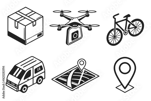 Delivery Icons Package Drone Bicycle Van Map Location.