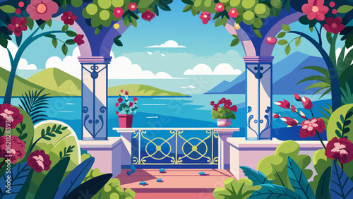 Vector art of scenic view of the sea from a decorative balcony framed by blooming flowers and green foliage, with mountains in the distance under a bright sky