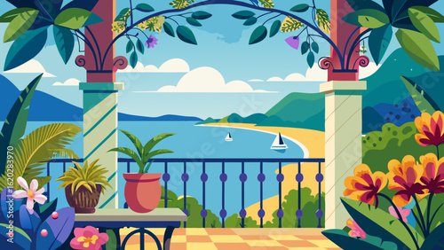Vector art of beautiful balcony view of the sea with tropical plants and flowers, overlooking a sandy beach and distant mountains under a sunny sky with clouds
