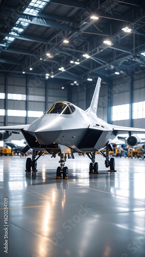 Sleek, silver fighter jet in hangar