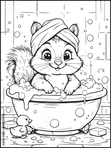 Printable animal-themed coloring page for kids and adults: Squirrel taking a shower