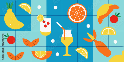 Vibrant summer fruits and refreshing drinks on a blue grid background