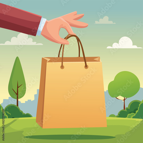 Close-up of hand holding a shopping paper bag, minimal background, eco-friendly packaging concept, retail and consumerism theme, sustainable lifestyle detail, daylight natural lighting