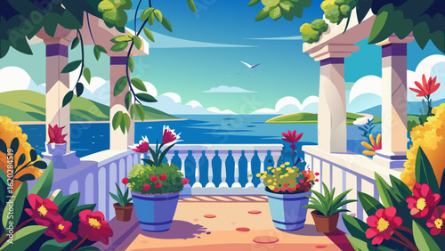 Vector art of a colorful illustration of a summer balcony with a beautiful sea view, featuring potted plants and a distant mountain landscape, ideal for travel