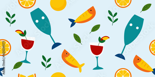 Playful summer drinks and food pattern with oranges and fish