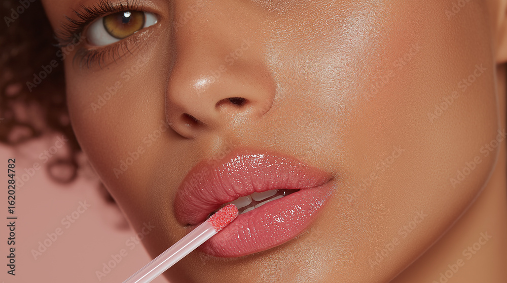 Naklejka premium Glossy pink lip gloss application on smooth skin with clear detail on lips and face, close up beauty shot showing natural makeup and healthy glowing complexion
