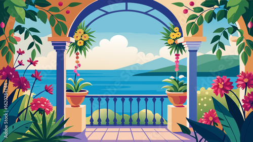 Vector art of charming balcony scene with a serene sea view, featuring potted plants, colorful flowers, and distant mountains, perfect for a relaxing vacation or holiday escape