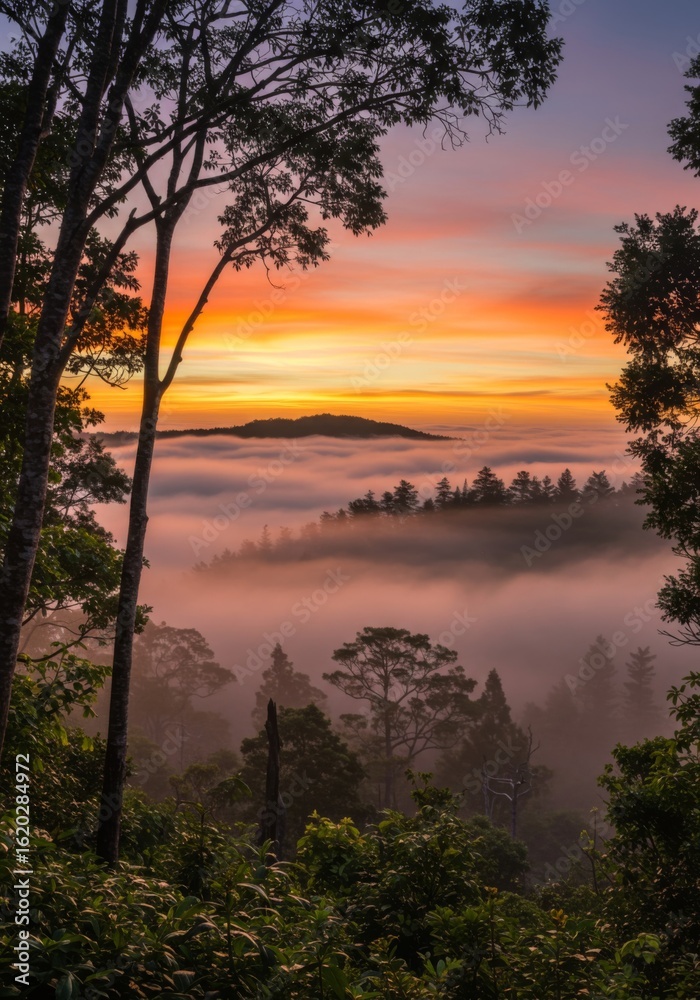 Fototapeta premium Sunrise Over Foggy Forest Landscape
