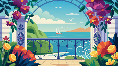 Vector art of charming archway framing a stunning sea view from a balcony, adorned with vibrant flowers and overlooking a sailboat on the water