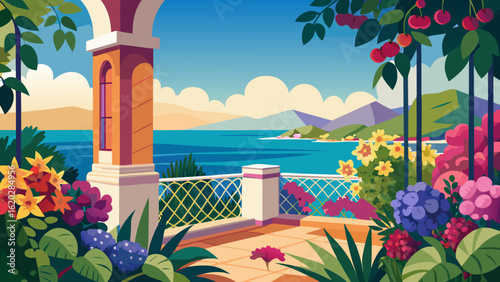 Vector art of idyllic mediterranean balcony overlooking the sparkling blue sea with colorful flowers and lush greenery, perfect for a summer vacation getaway