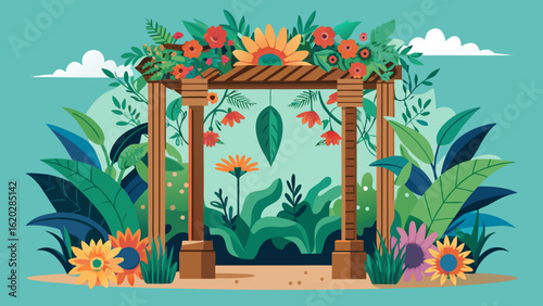 Vector art of an inviting wooden garden archway, densely decorated with a variety of colorful flowers and lush green leaves, leading into a tranquil and verdant garden setting