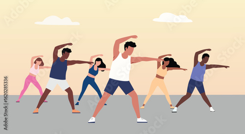 Outdoor Group Fitness Exercise Vector Illustration