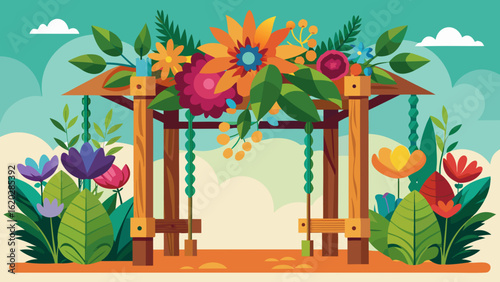 Vector art of a vibrant and colorful floral archway in a lush garden, adorned with blooming flowers and green leaves, creating a picturesque entrance to a serene outdoor space