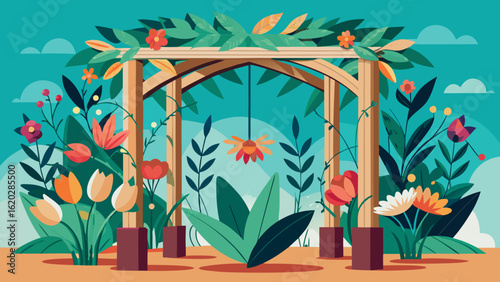 Vector art of an inviting wooden garden archway overflowing with a variety of colorful flowers and abundant green foliage, leading into a tranquil and scenic natural setting
