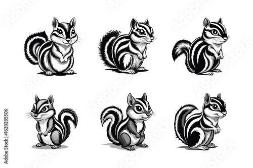 6 icon set on vector illustration of black and white cartoon chipmunk on white background