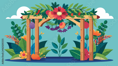 Vector art of a charming wooden garden archway, intricately decorated with abundant green leaves and bright, colorful flowers, inviting passage into a beautiful outdoor space
