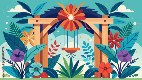 Vector art of an artistic depiction of a wooden garden archway, embellished with a variety of colorful flowers and lush green leaves, suggesting a whimsical and inviting garden entrance