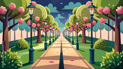 Vector art of an enchanting park avenue with lampposts and trees in full bloom, stretching into the distance under a twilight sky with clouds