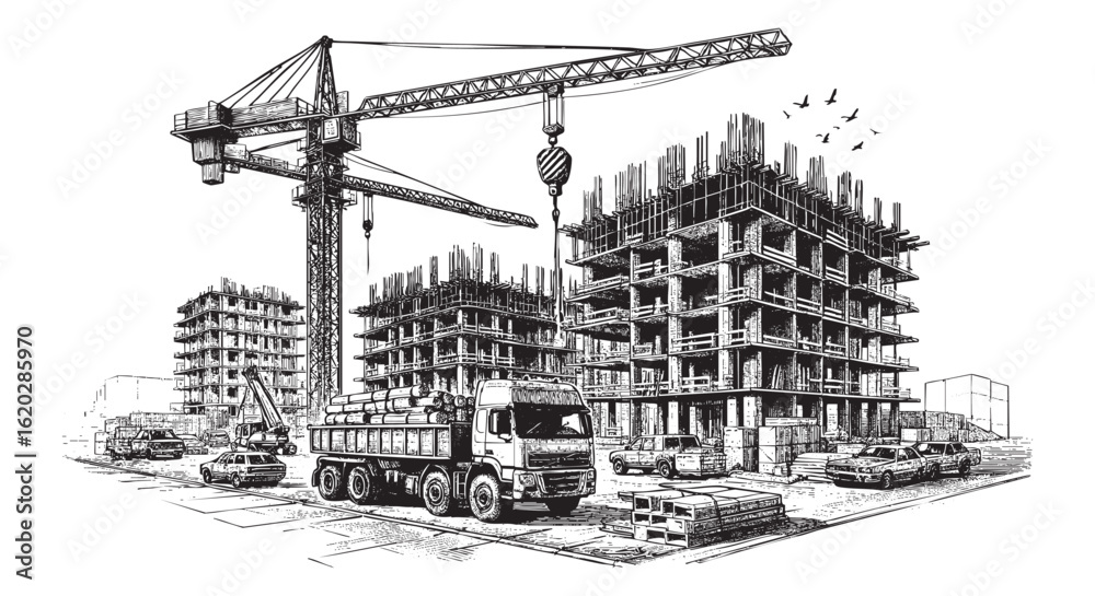 Fototapeta premium Building construction site with cranes Black and White Illustration on White Background
