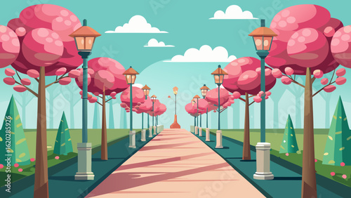 Vector art of a charming park walkway with blooming trees and vintage street lamps casting a warm glow on the path, creating a delightful outdoor scene