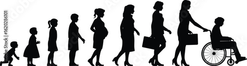 Woman life stages silhouette, girl to elderly, female growth evolution, aging process vector, generational development artwork, aging woman silhouette, life journey concept