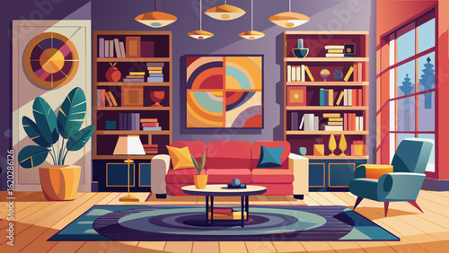 Vector art of vibrant living room interior with a pink sofa, teal armchair, tall bookshelves, and colorful artwork, creating a lively and welcoming home