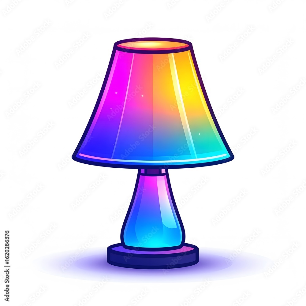 Obraz premium A colorful cartoon table lamp with a rainbow gradient shade and a blue base emits a soft glow.